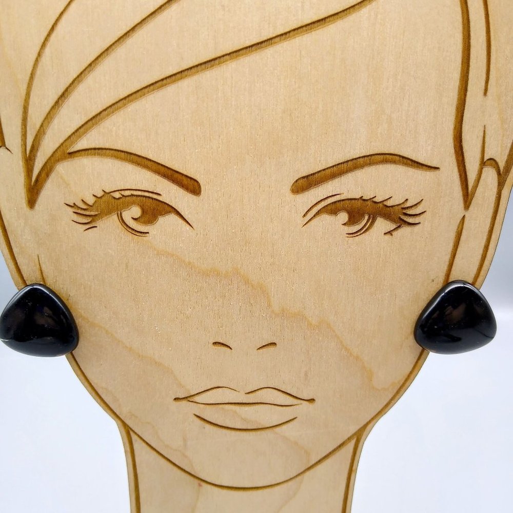 Basic Black Lucite Earrings, Neutral Vintage Rounded Triangle Geometric Clip Ons